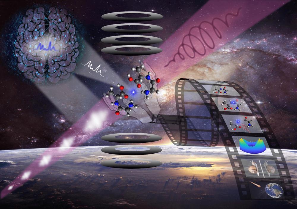Artistic representation of chirality research using a free-electron laser. AI-based analysis reveals the time–energy and polarisation structure of each ultrashort pulse. The detailed insights gained enable site-specific observations in chiral systems and molecules (shown here: glycyl-L-alanine). Artistic representation of chirality research using a free-electron laser. AI-based analysis reveals the time–energy and polarisation structure of each ultrashort pulse. The detailed insights gained enable site-specific observations in chiral systems and molecules (shown here: glycyl-L-alanine).
