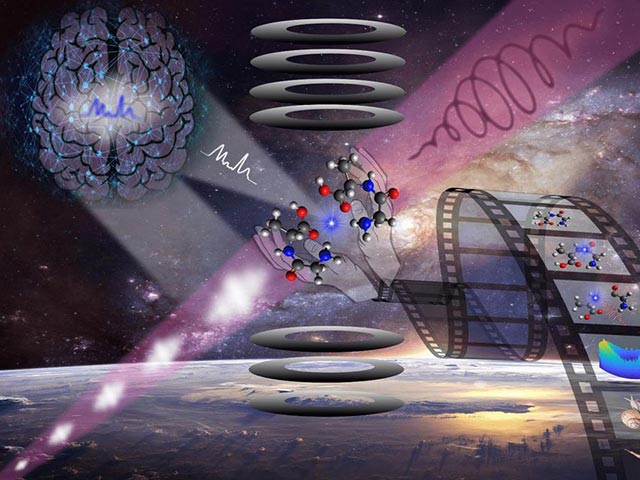 Artistic representation of chirality research using a free-electron laser. AI-based analysis reveals the time–energy and polarisation structure of each ultrashort pulse. The detailed insights gained enable site-specific observations in chiral systems and molecules (shown here: glycyl-L-alanine).