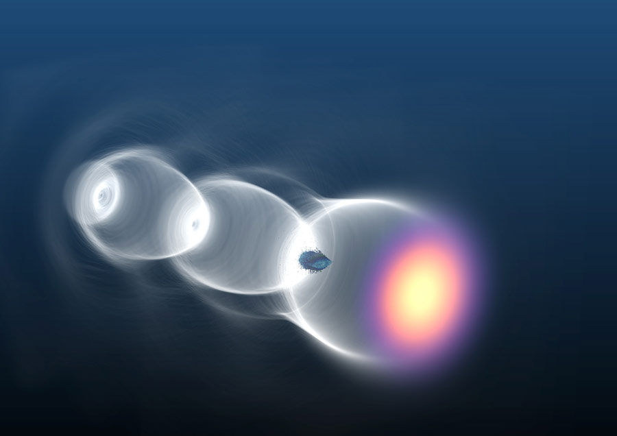 Das Bild zeigt Plasmawellen, erzeugt im Laser-Plasmabeschleuniger, welche Elektronenpakete auf die nötige Energie für PETRA IV beschleunigen. Das Bild zeigt Plasmawellen, erzeugt im Laser-Plasmabeschleuniger, welche Elektronenpakete auf die nötige Energie für PETRA IV beschleunigen.