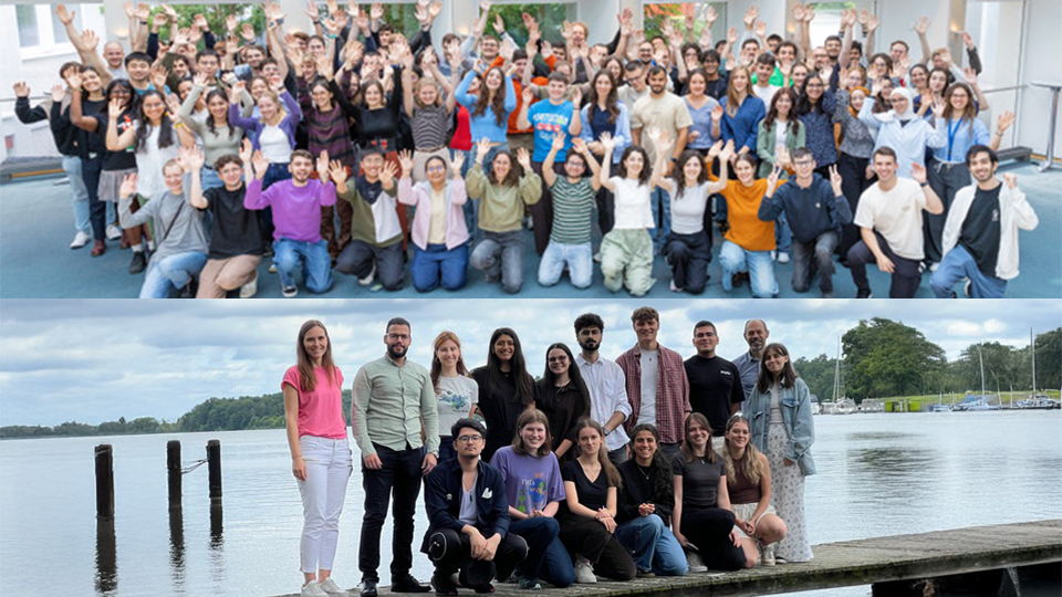 Zwei Gruppen von jungen Leute winken fröhlich in die Kamera bzw. haben sich auf einem Bootssteg in der Sonne für das Gruppenbild aufgestellt. Zwei Gruppen von jungen Leute winken fröhlich in die Kamera bzw. haben sich auf einem Bootssteg in der Sonne für das Gruppenbild aufgestellt.