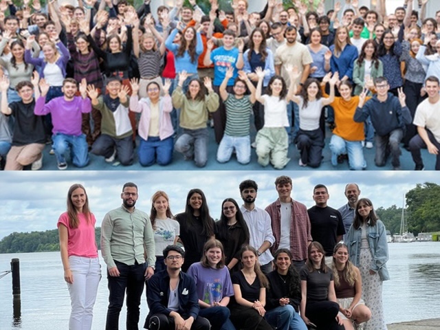 Two groups of young people wave cheerfully into the camera and have positioned themselves on a jetty in the sun for the group photo.