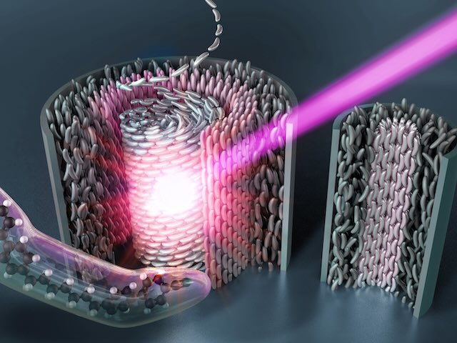 Artistic image in shades of blue of a helical structure consisting of many individual helices. A laser beam strikes the structure from the top right.