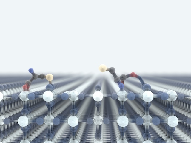 Eine TiO₂-Oberfläche, auf der sich Cysteinmoleküle nähern und über verschiedene funktionelle Gruppen adsorbieren: die Aminogruppe, die Carboxylgruppe und die einzigartige schwefelbasierte Thiolgruppe