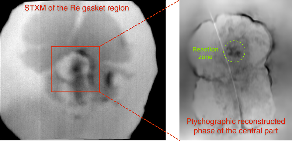 On the left is a large circular microscopic image in greyscale with a blurred dark spot in the centre. On the right, the dark spot from the left-hand image is enlarged, revealing a bubble-like structure with a dark spot in the centre in a reconstructed black-and-white image.