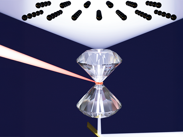 Illustration of a diamond anvil cell compressing a metal into a high energy state, and a light beam crosses the metal between the diamonds, revealing a structure shown in black spheres in a repeated pattern.
