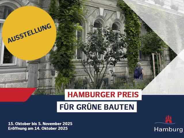 Invitation for an exhibition about the Hamburg Prize for green buildings featuring a historic house front with greenery