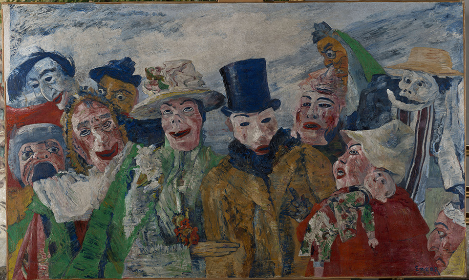 The painting "The Intrigue" by James Ensor. Ten figures wearing Venetian-style masks and carnival costumes stand side by side.