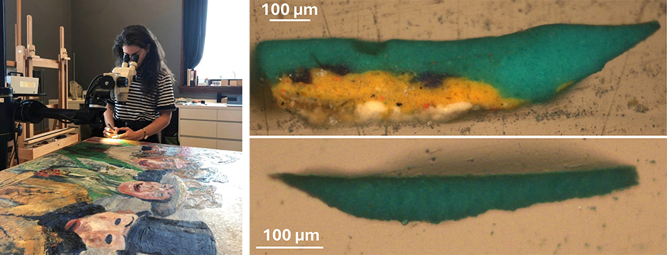 On the left, a woman stands with a device above James Ensor's painting "The Intrigue", which is lying on its back. She is working on tiny parts of the painting with tweezers. On the right, green paint chips at a scale of one hundred micrometres can be seen.