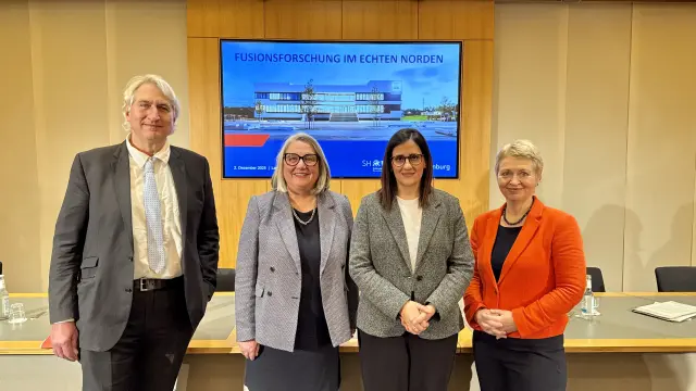 Vier Personen in Businesskleidung vor einem Bildschirm mit der Aufschrift „Fusionsforschung im echten Norden“.