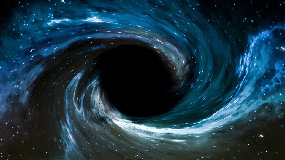 Artistic depiction of a black hole with swirling blue clouds of gas and dust in space.