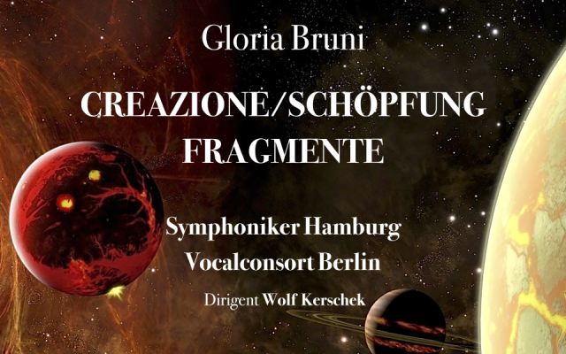 Poster with space artwork and planets for Gloria Bruni’s concert “Creazione/Schöpfung Fragments” on 1 September 2024 in Berlin.