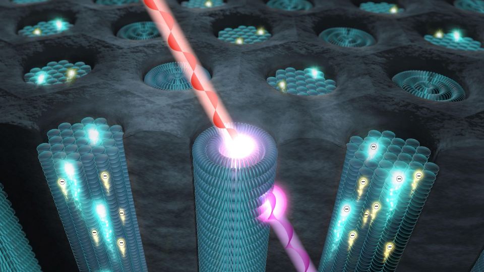 Graphic representation of nanostructures with cylindrical arrays, irradiated by a laser beam.