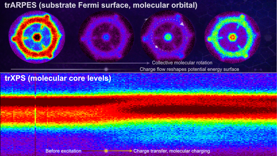 Colourful image in two parts: steering-wheel type shapes, the molecules in motion, in the top half and layered colours in the bottom half