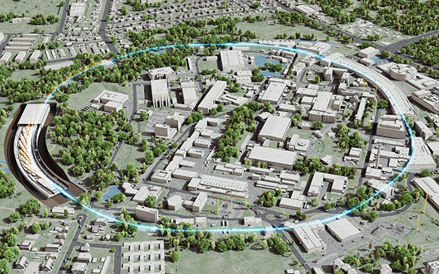 An overhead image of the DESY campus with the new planned synchrotron PETRA IV highlighted as a glowing blue ring.