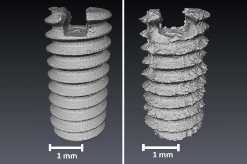 Gegenüberstellung einer Implantant-Schraube vor und nach der Verwendung. Gegenüberstellung einer Implantant-Schraube vor und nach der Verwendung.