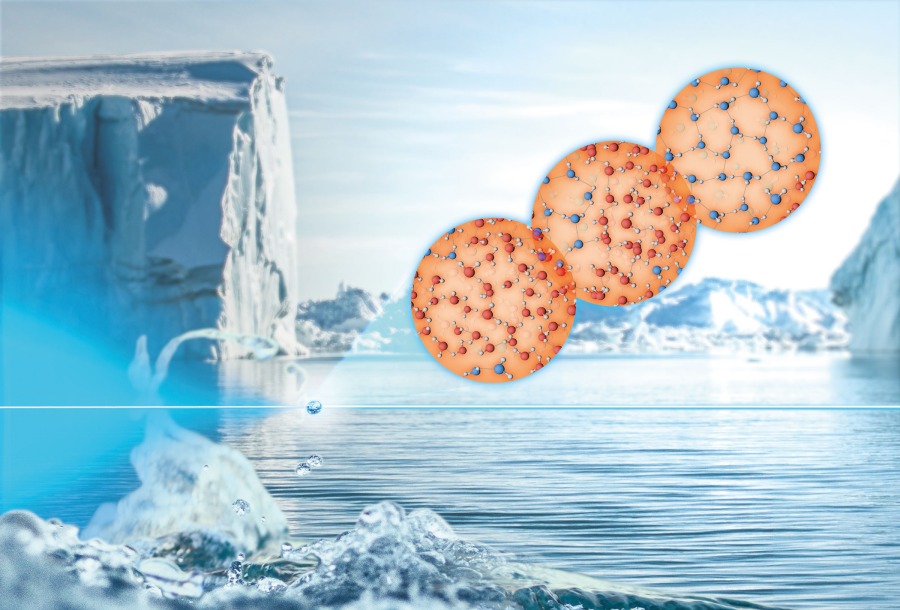 Die Illustration stellt den röntgenmikroskopischen Blick in einen Wassertropfen bei drei verschiedenen Temperaturstufen dar. Die Einzigartigkeit der Molekülstruktur von Wasser wird anhand der Veränderung von warm zu gefroren greifbar gemacht. Im kühlen Wasser bilden Moleküle ein grobmaschiges, annähernd regelmäßiges Netz. In wärmeren Temperaturbereichen hingegen ordnen sie sich in Kettenformation zu unregelmäßigen, teilweise dicht gedrängten Strukturen.