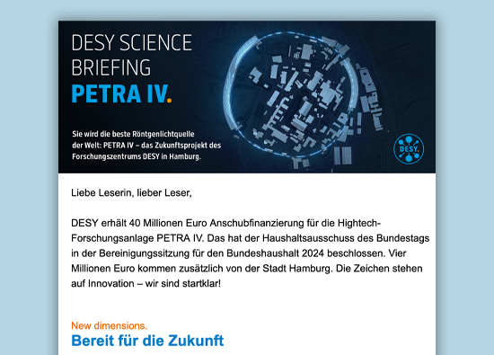 Ein Briefkopf und Brief der das Science Briefing zeigt, den Newsletter des DESY